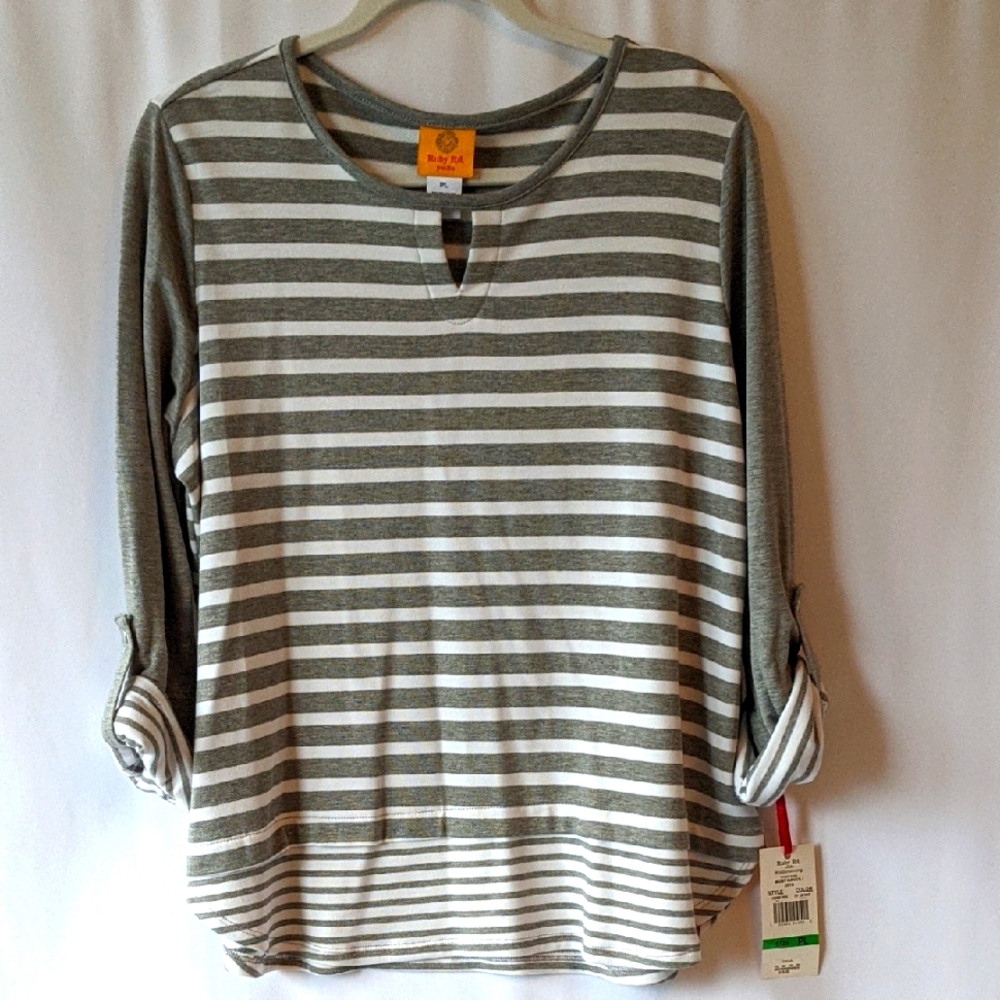 Ruby Rd. Gray and White Striped Long Sleeve Top